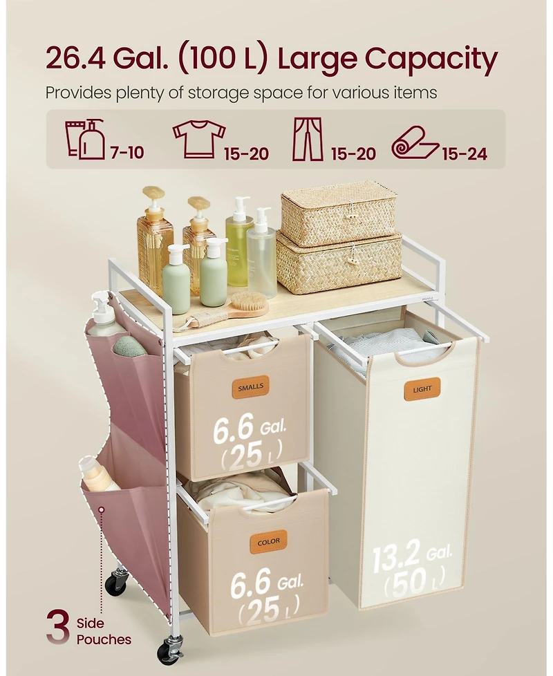 Slickblue 4-Compartment Laundry Hamper, Rolling Laundry Sorter Cart with Shelves, Side Pockets & 6 Labels