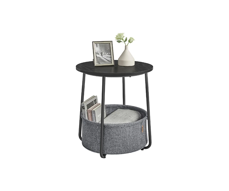Small Round Side Table with Fabric Storage Basket for Living Room or Bedroom