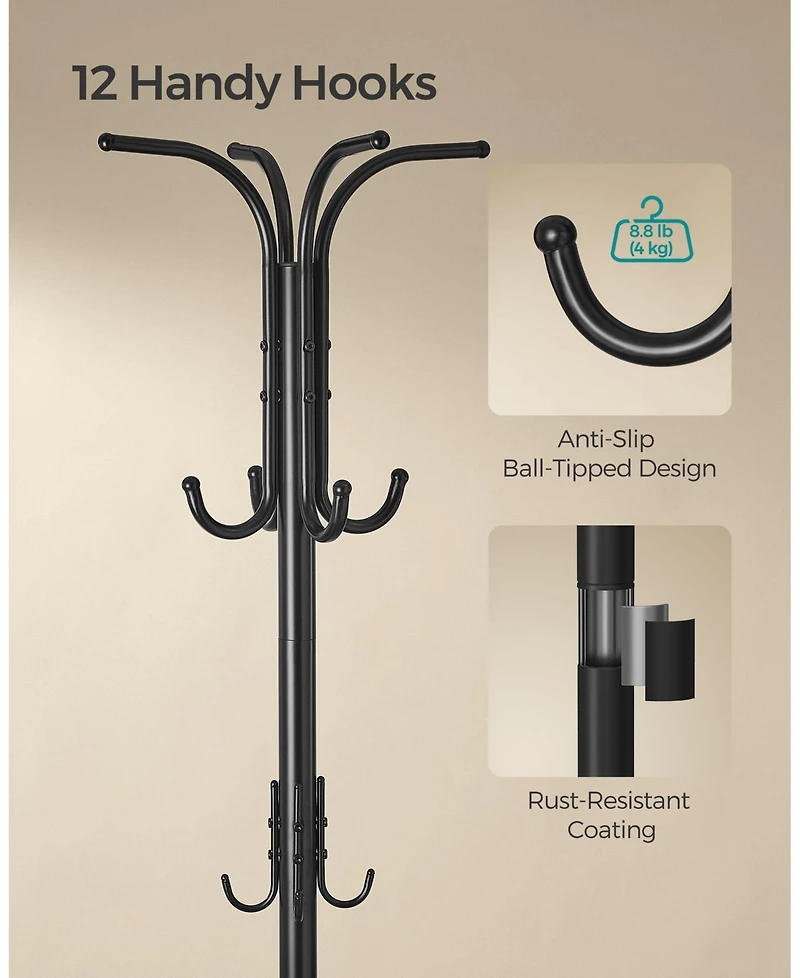 Slickblue Freestanding Coat Rack with Umbrella Holder, Metal Stand with 12 Hooks for Entryway Storage