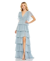 Mac Duggal Women's Flutter Sleeve Ruffle Tiered Gown