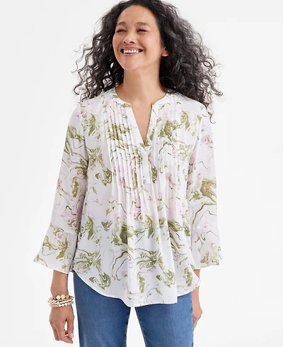 Style & Co Petite Pintuck Long-Sleeve Top, Exclusively at Macy's