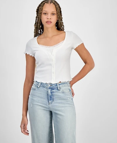 Hippie Rose Juniors' Scoop-Neck Lace Layered Tee