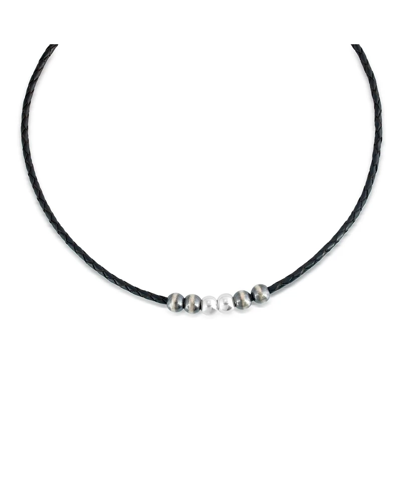 American West Jewelry Sterling Silver Braided Black Genuine Leather Beaded Necklace 20 to 22 Inches