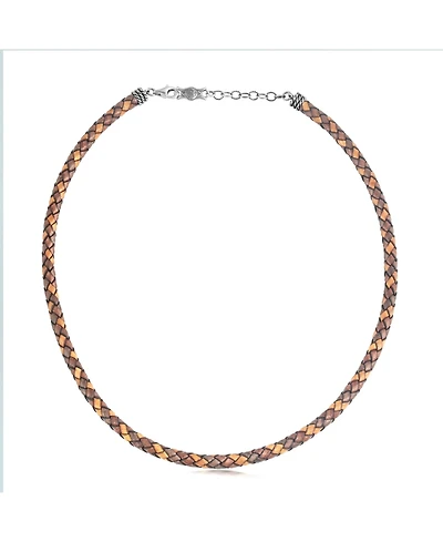 American West Jewelry Sterling Silver Multi-Color Braided Brown Leather Necklace, 20 to 22 Inches