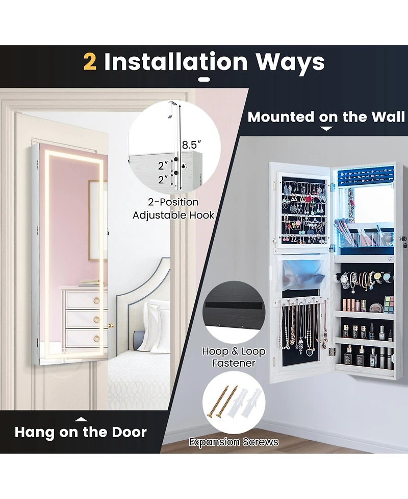 Gouun 42.5 Inches Lockable Jewelry Mirror Wall Cabinet with 3-Color Led Lights