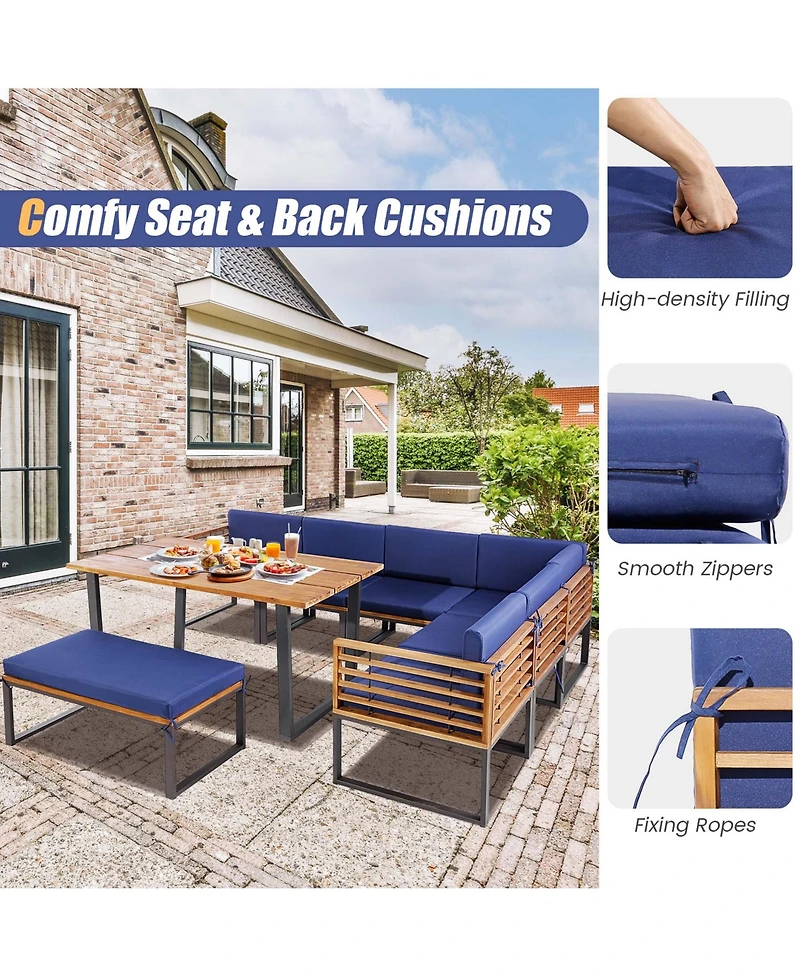 Costway 8pcs Patio Acacia Wood Dining Table & Ottoman Sofa Chair Set Outdoor Furniture