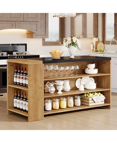 Tribesigns 55" Kitchen Island with Storage, Farmhouse 5-Tier Stationary Island Table with 5 Shelves, Wood Coffee Bar Table Storage Cabinet with Large