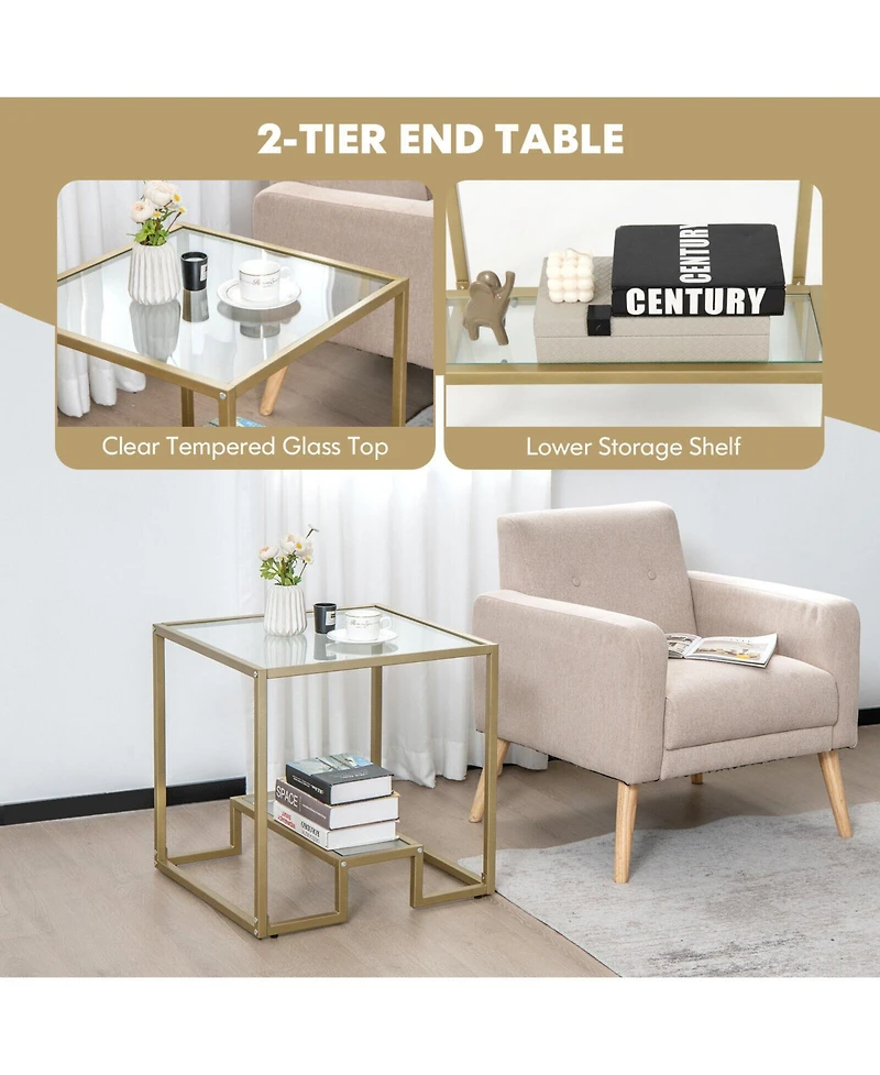 Gouun 22 Inch 2-Tier Square Sofa Side Table with Tempered Glass Tabletop