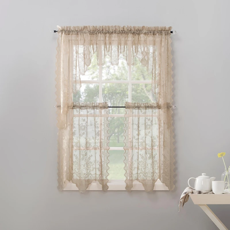Alison Floral Lace Sheer Rod Pocket Kitchen Curtain Tier Pair