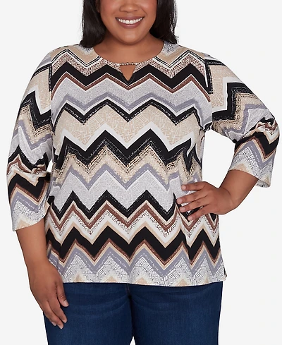 Alfred Dunner Plus Size Zig Zag Split Neck Top
