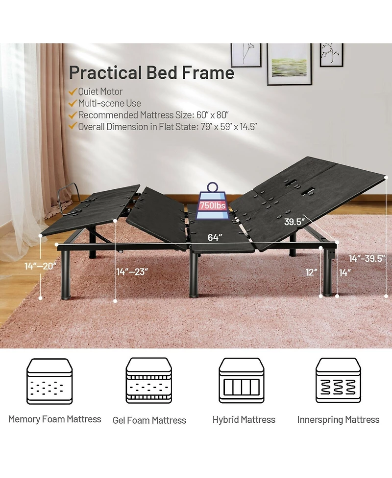 Gouun Ergonomic Adjustable Bed Base with Head and Foot Incline
