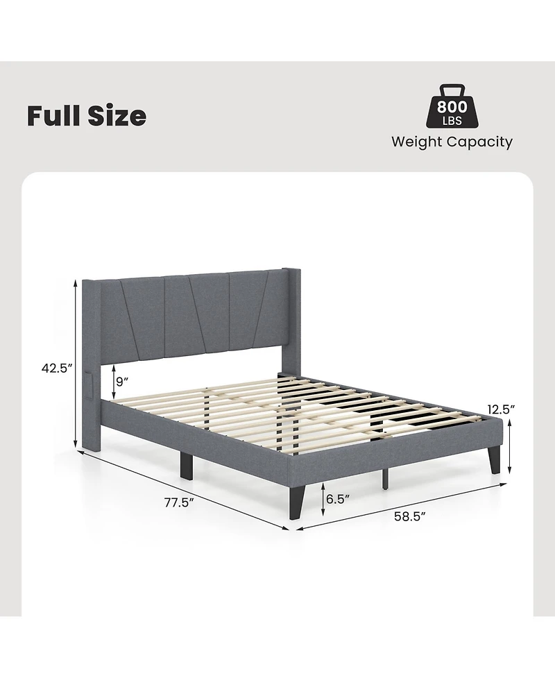 Gouun Full Size Bed Frame with Wingback Headboard and Wood Slat Support-Full Size