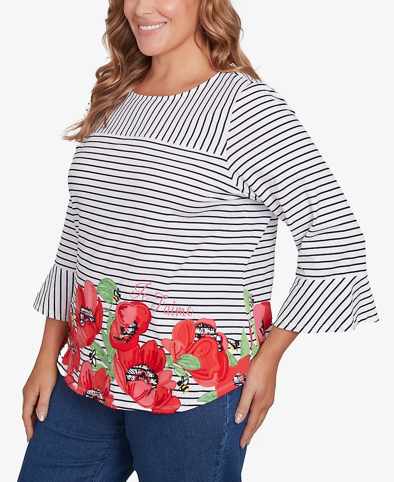 Ruby Rd. Plus Size Poppy Embroidered Stripe Knit Top
