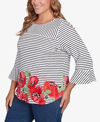 Ruby Rd. Plus Size Poppy Embroidered Stripe Knit Top