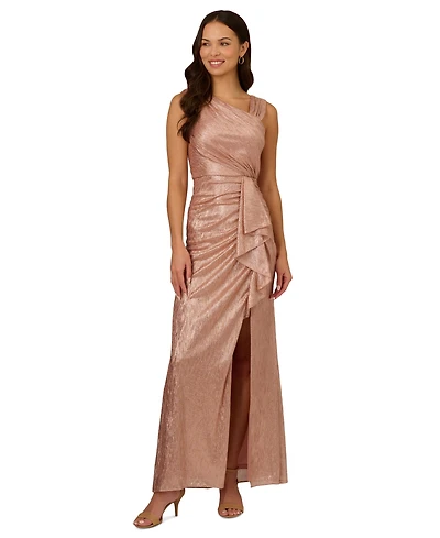 Adrianna Papell Petite Asymmetrical Foil Drape-Front Metallic Gown