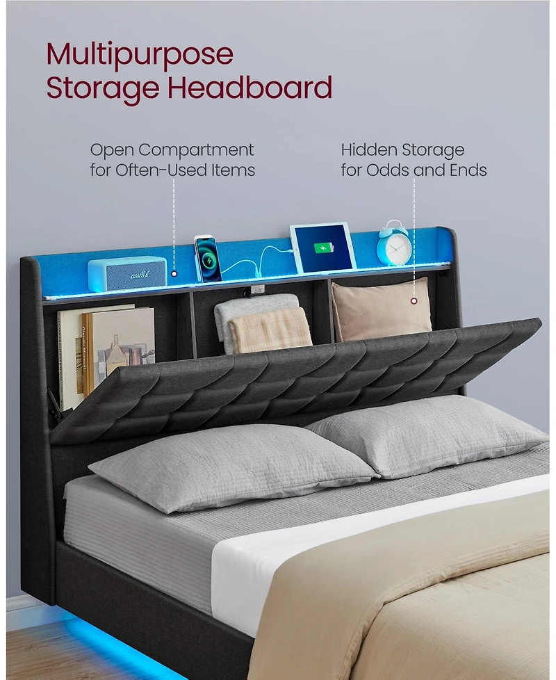 Slickblue Queen Floating Bed Frame with Led Lights for Modern Bedroom Decor