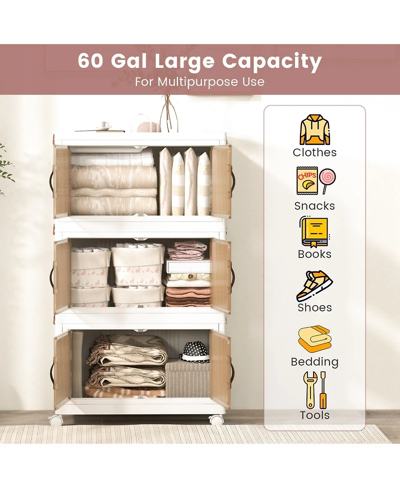 Gouun 3-Tier Stackable Storage Boxes Bins with Magnetic Doors and Lockable Casters
