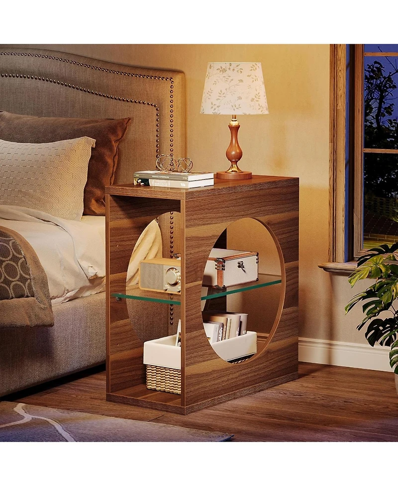 Tribesigns Narrow End Table for Living Room, 3-Tier Wood Side Table with Adjustable Tempered Glass Storage Shelf, Bedside Table Nightstand