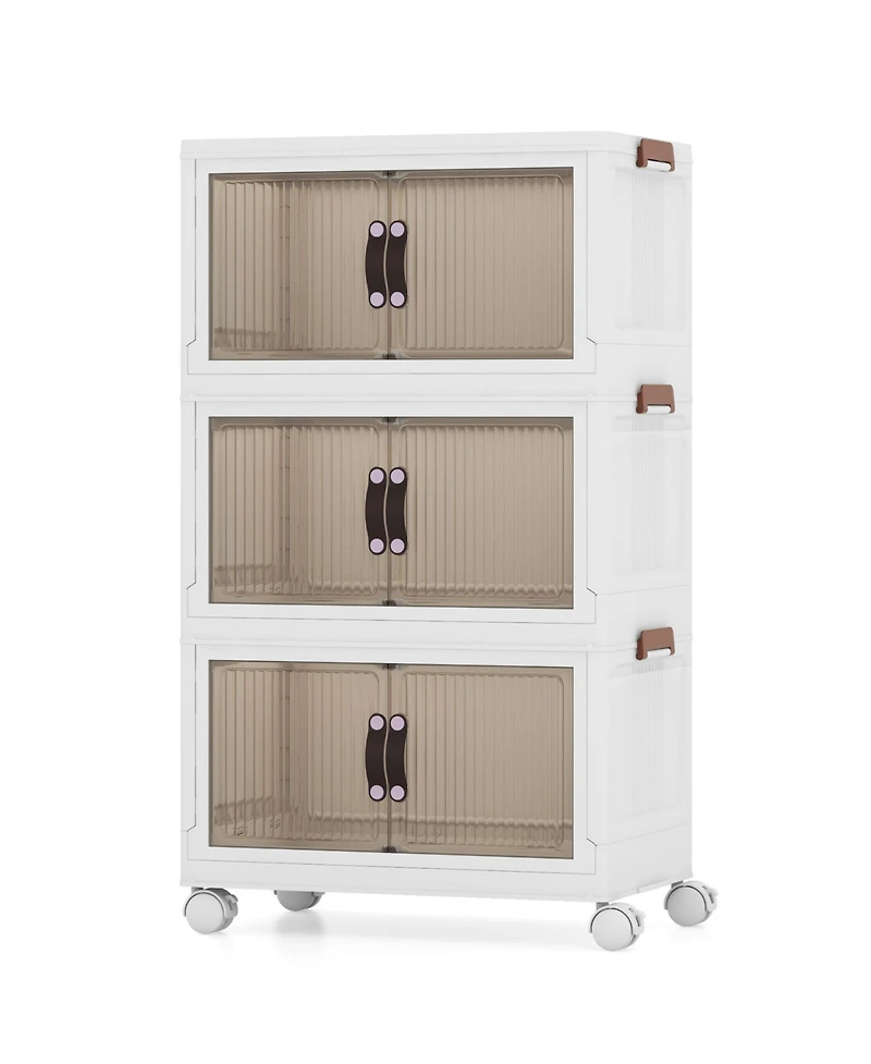 Gouun 3-Tier Stackable Storage Boxes Bins with Magnetic Doors and Lockable Casters-s
