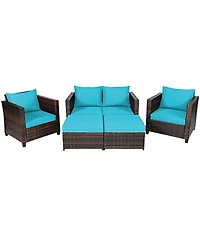 5PCS Patio Rattan Furniture Set Loveseat Sofa Ottoman Cushioned