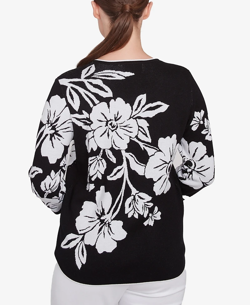 Alfred Dunner Petite Wild at Heart Dramatic Floral Crew Neck Sweater