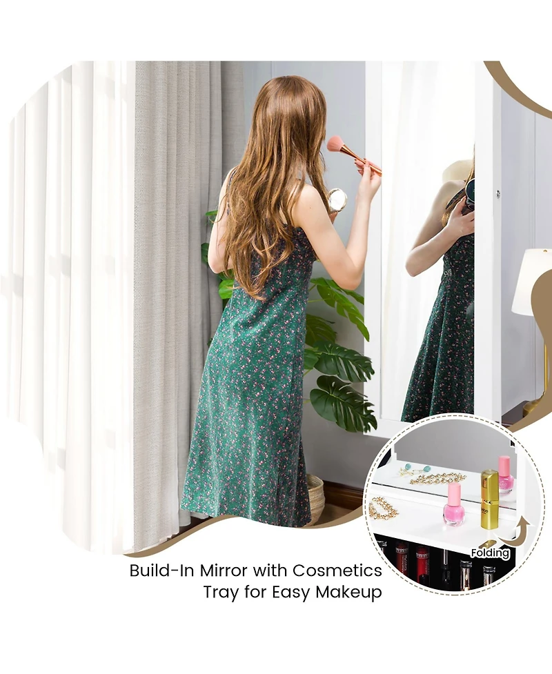 Lockable Wall Door Mounted Mirror Jewelry Cabinet with Led Lights