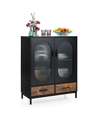 Gouun Kitchen Industrial Buffet Sideboard with Tempered Glass Doors