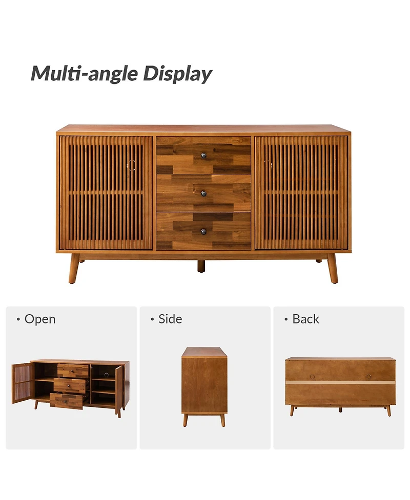 Hulala Home Crrillus Mid-century 58'' Wide 3 Drawer Sideboard with Slatted Doors
