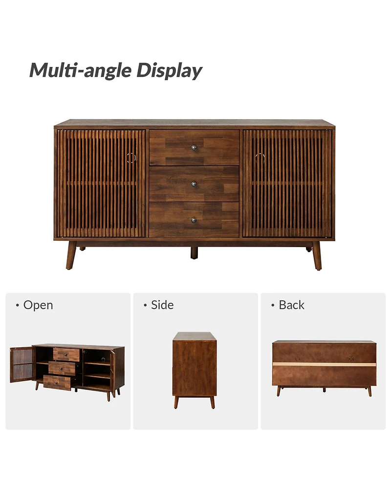 Hulala Home Crrillus Mid-century 58'' Wide 3 Drawer Sideboard with Slatted Doors