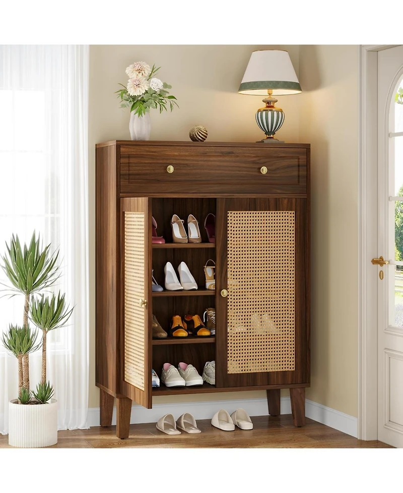 Tribesigns Shoe Cabinet with Doors and Drawer, Modern Shoe Storage Cabinet for Entryway, Rattan Wooden Shoe Organize with Adjustable Shelf