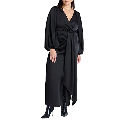 Eloquii Women's Satin Puff Sleeve Pleated Dress