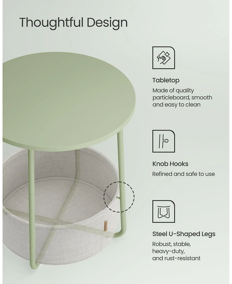 Slickblue Small Round Side End Table, Modern Nightstand with Fabric Basket