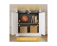 gaomon Tall Storage Bookcase with 3-Tier Open Shelves and Double Door, Roman Column Design and 4 Adjustable Lights, White & Black Wood Grain Display S