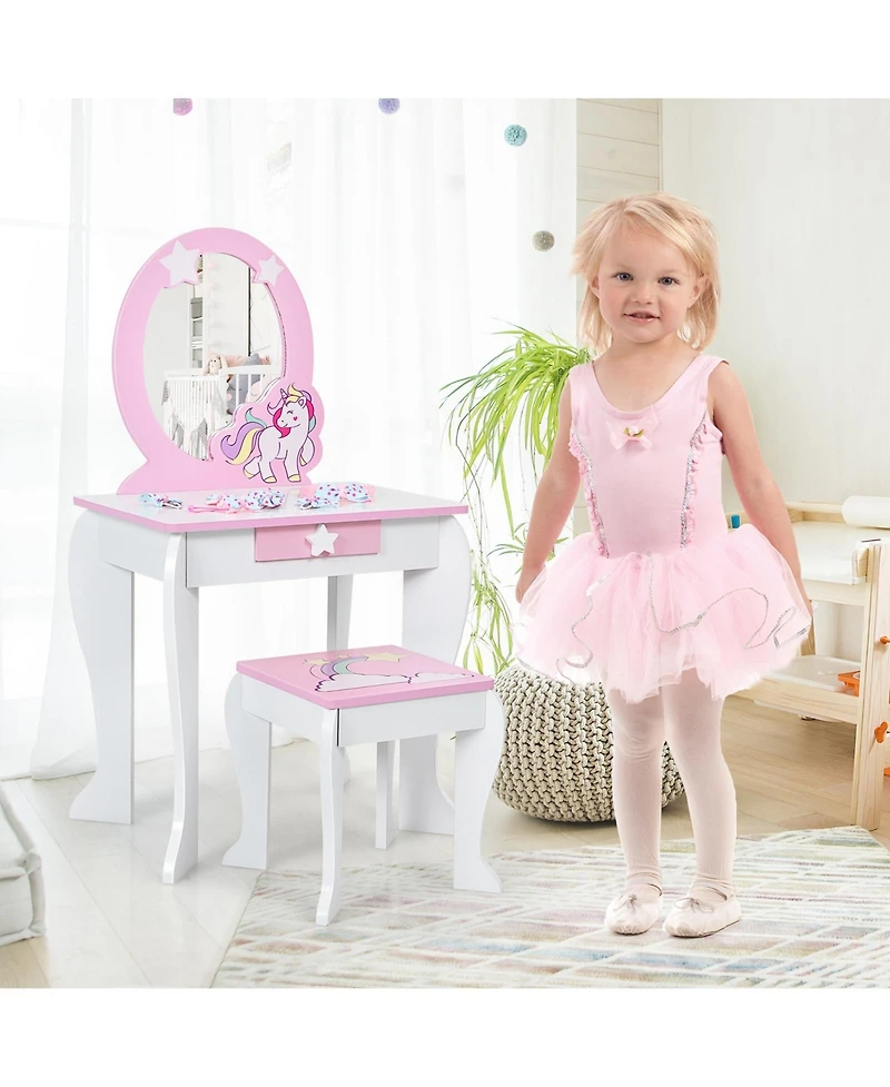 Gouun Kids Vanity Set with Mirror, Drawer, and Chair for Makeup and Dressing