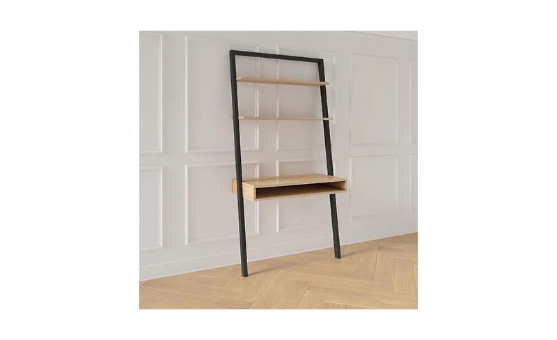 Slickblue Farmhouse Rustic Leaning Ladder Writing Desk with 2 Shelves for Storage