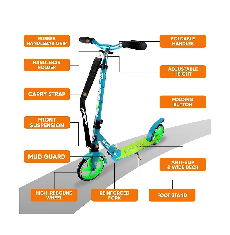 Hurtle Renegade Kick Scooters for Kids Teenagers Adults- 2 Wheel Kids Scooter with Adjustable T-Bar Handlebar - Alloy Anti-Slip Deck