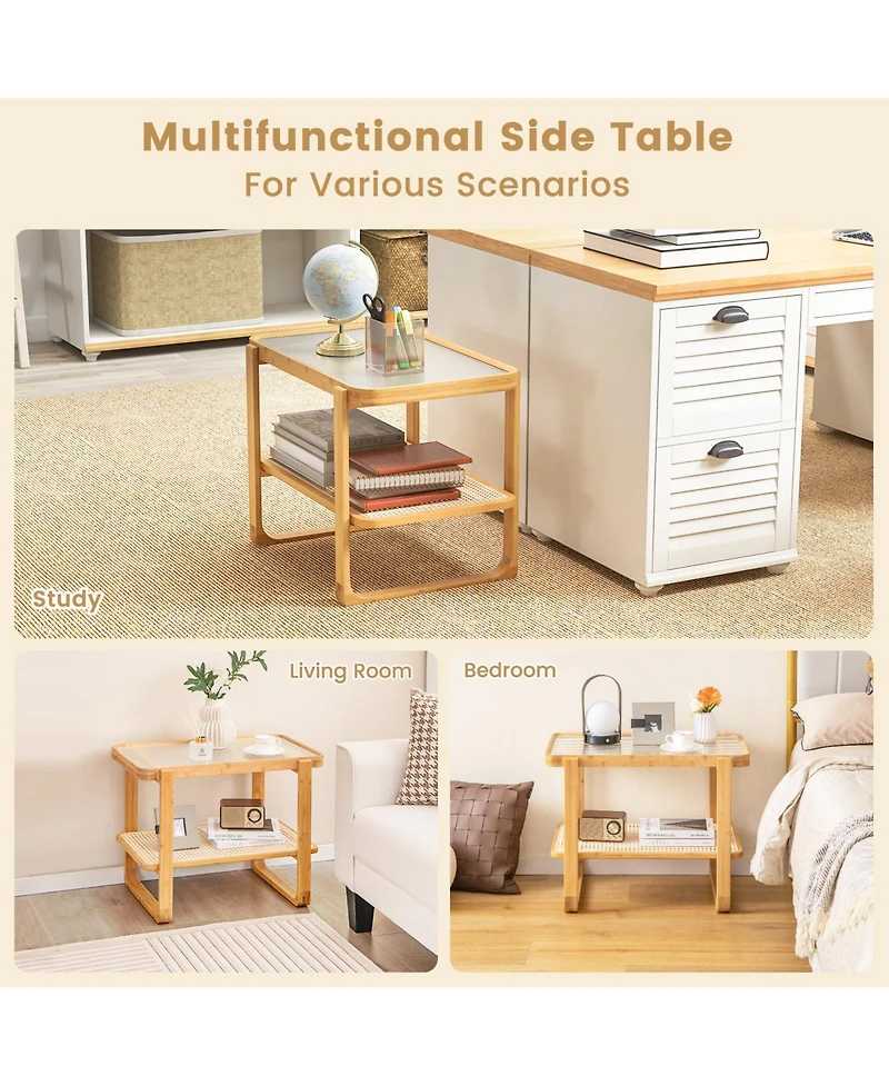 Gouun 2-tier Bamboo Side Table with Glass Top