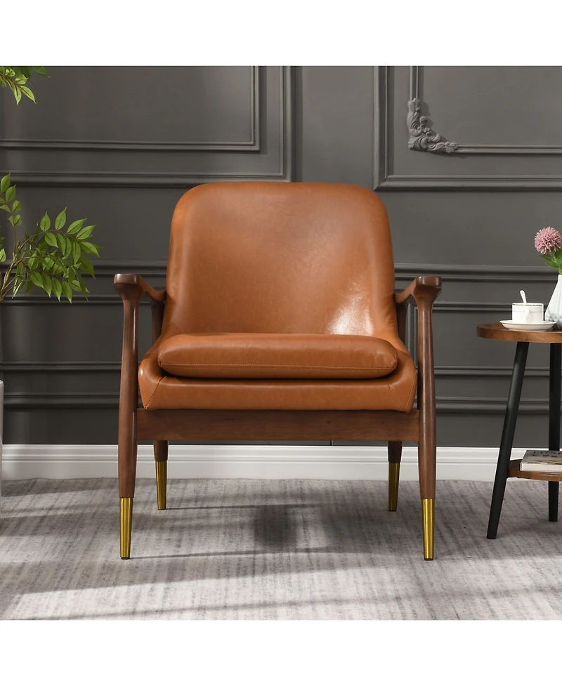 Lovmor 9.2'' Mid-Century Faux Leather Accent Chair with Cushioned Seat, Solid Wood Frame, and Brass-Tipped Legs，Brown