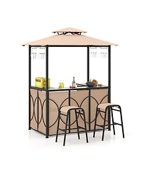 3-Piece Patio Bar Set Grill Gazebo & 2 Bar Stools with Tempered Glass Bar Table