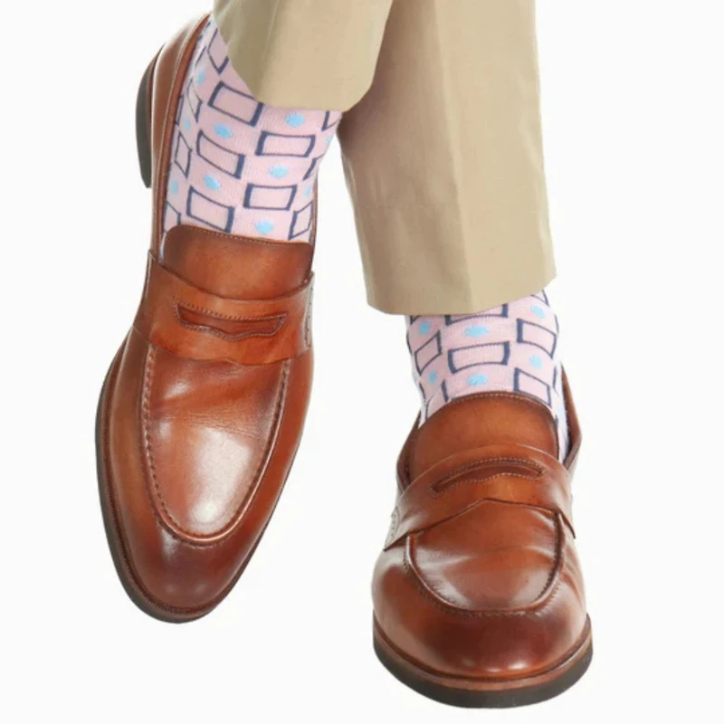 Trafalgar Men's Aurelien Square and Circle Patterned Mercerized Cotton Mid-Calf Socks
