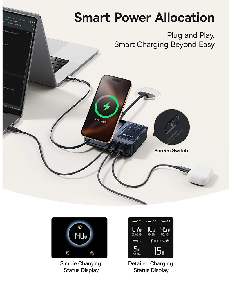 Baseus Nomos 5-in-1 Charging Station 140W, Qi2 15W Magnetic Wireless Charger with 100W Retractable Cable