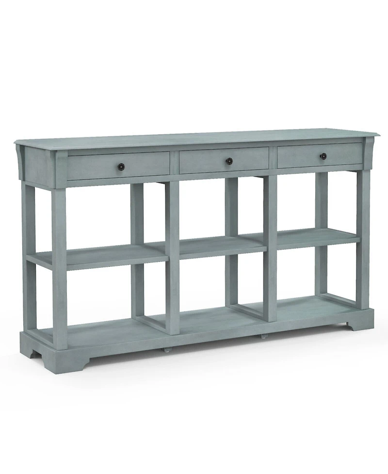 Gouun 58 Inch Retro Console Table with 3 Drawers and Open Shelves Rectangular Entryway Table