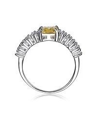 Sterling Silver with White Gold Plated Yellow Asscher with Clear Cubic Zirconia Cluster Ring