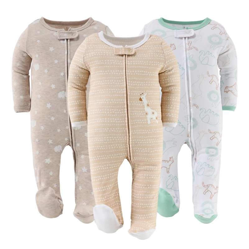 The Peanutshell Baby Boys 3pk Cotton Sleeper Set Girl, Serene Safari