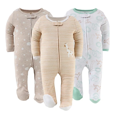 The Peanutshell Baby Boys 3pk Cotton Sleeper Set Girl, Serene Safari