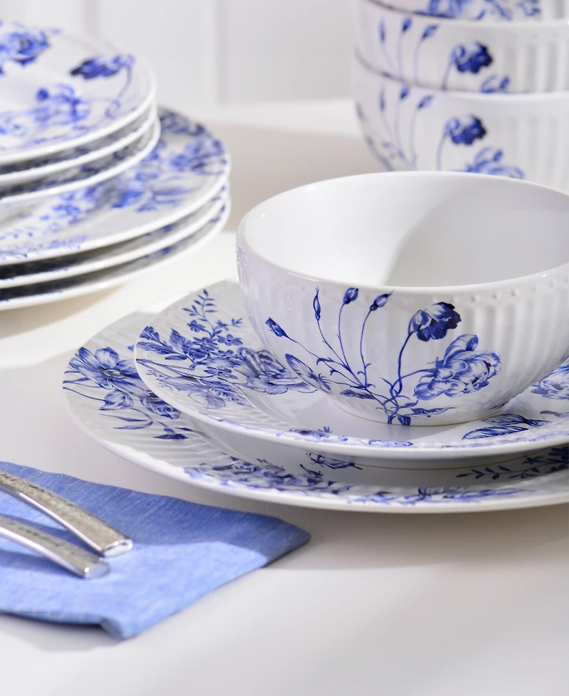 222 Fifth Cassian Embossed Toile Blue Porcelain 12 Pc. Dinnerware Set, Service for 4
