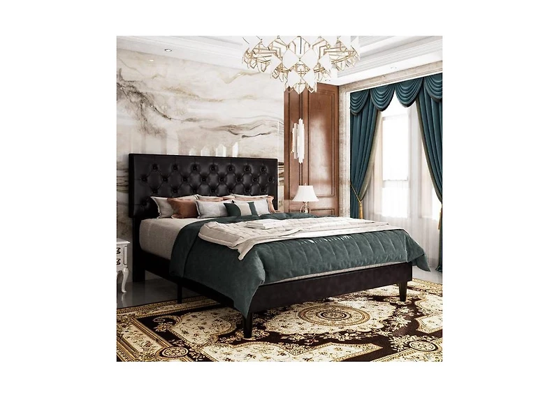 Upholstered Faux Leather Platform Bed – Tufted Headboard, Sturdy Slats, and Contemporary Low Profile Frame