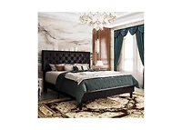 Upholstered Faux Leather Platform Bed – Tufted Headboard, Sturdy Slats, and Contemporary Low Profile Frame