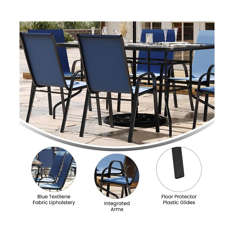 Emma+Oliver Seven Piece Patio Table Set With Metal Tempered Glass Top And 6 Flex Comfort Stacking Chairs