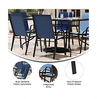 Emma+Oliver Seven Piece Patio Table Set With Metal Tempered Glass Top And 6 Flex Comfort Stacking Chairs
